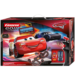 Carrera GO!!! Disney Pixar Cars Neon Nights Set Pista da Scontro e Due Macchinine con Saetta Mcqueen e Jackson Storm