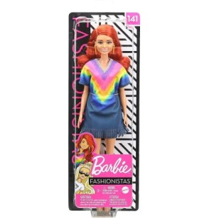 Mattel Barbie Fashionistas Bambola con Capelli Rossi, Abito con Frange Tie-Dye, Stivaletti e Orecchini